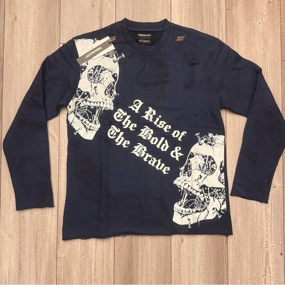 Tenaciti Studios Long Sleeve Med Navy Pullover Studded Distressed Bold And Brave